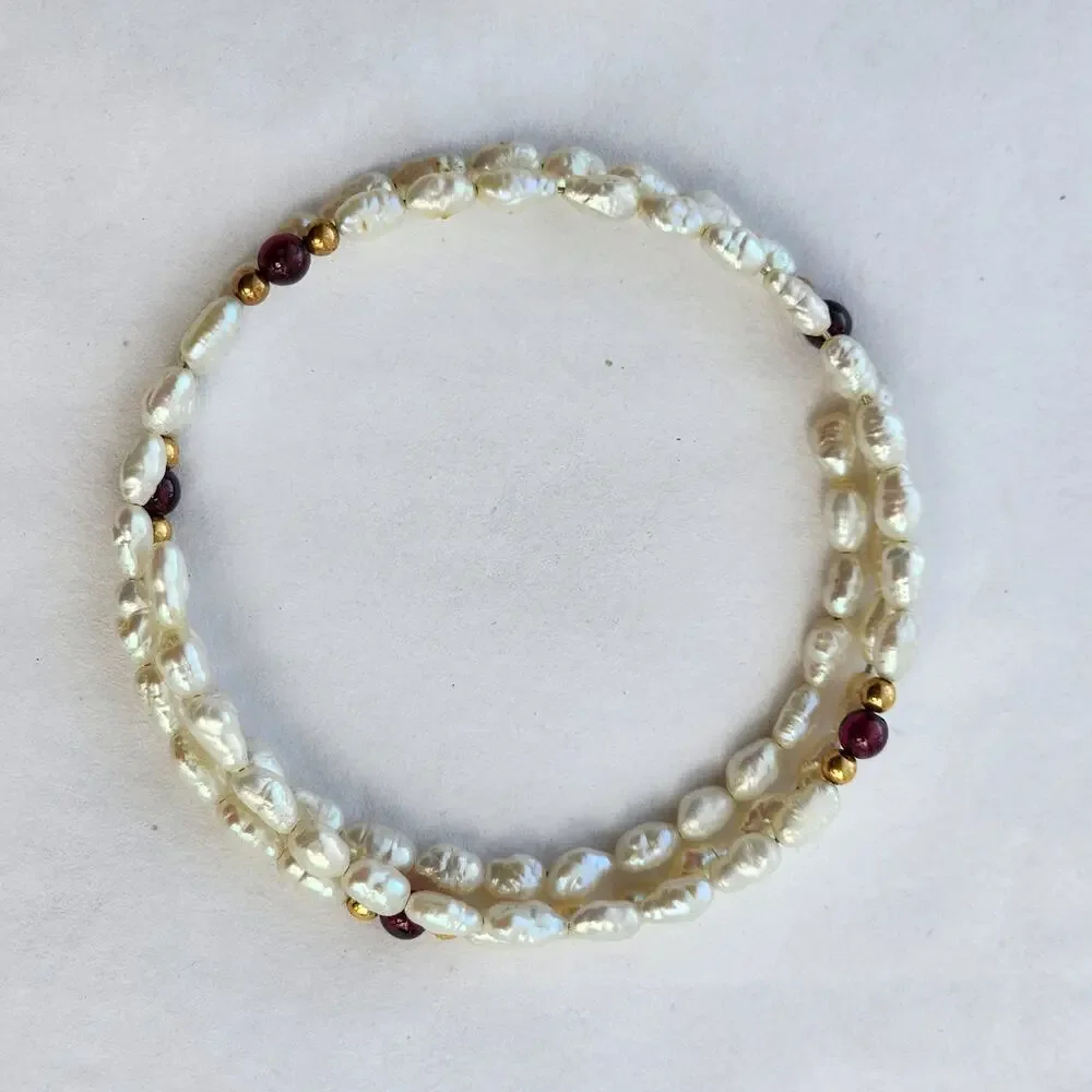 Wrap around bracelet genuine rice pearls white‎  Garnet gold beaded boho artisan